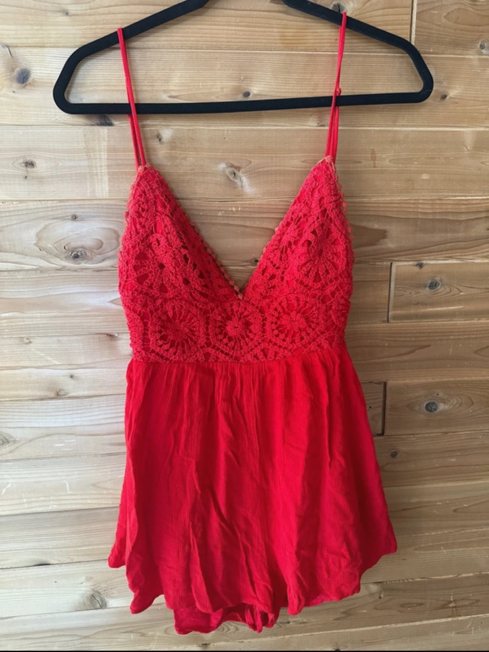 ILLA ILLA Red Crochet Bust Spaghetti Strap Romper